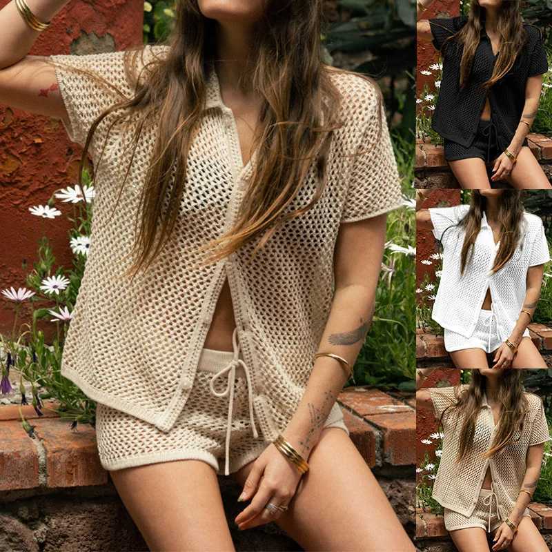 Hollow knit jacket shorts set womens short top V-neck button casual beach cardigan shorts set holiday chic 2025 summerXJ250414