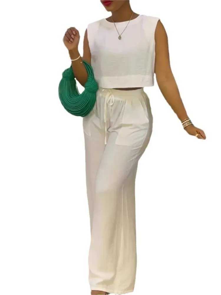 Pants set two-piece set suitable for women casual sleeveless short top wide leg pants fashionable solid set Ele Office womens set summerXJ250414