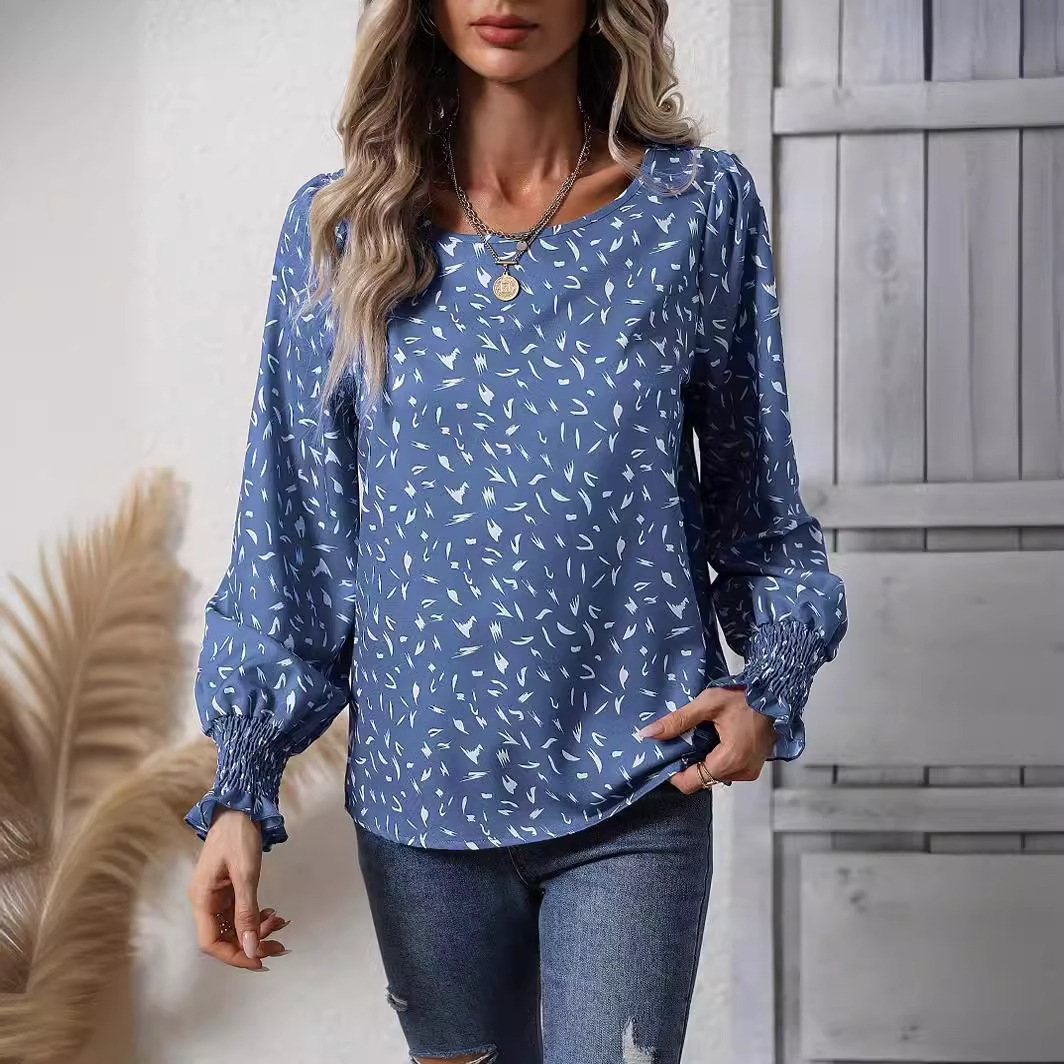 2025 round neck bubble sleeves leopard print chiffon shirt commuter top for women