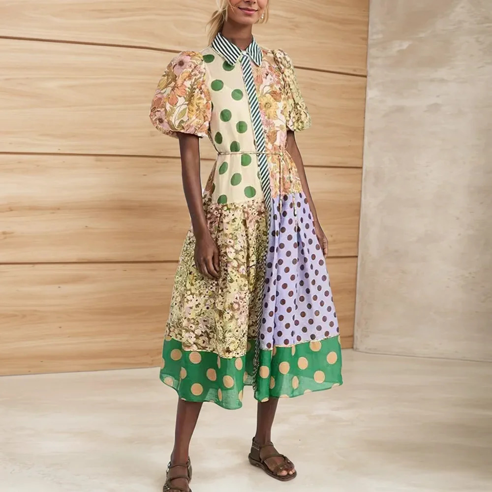 Summer Womens Single Chest Long Lantern Sleeve Graffiti Printed Tie Waist Dress Beach Vacation Flower Bohemian 250411