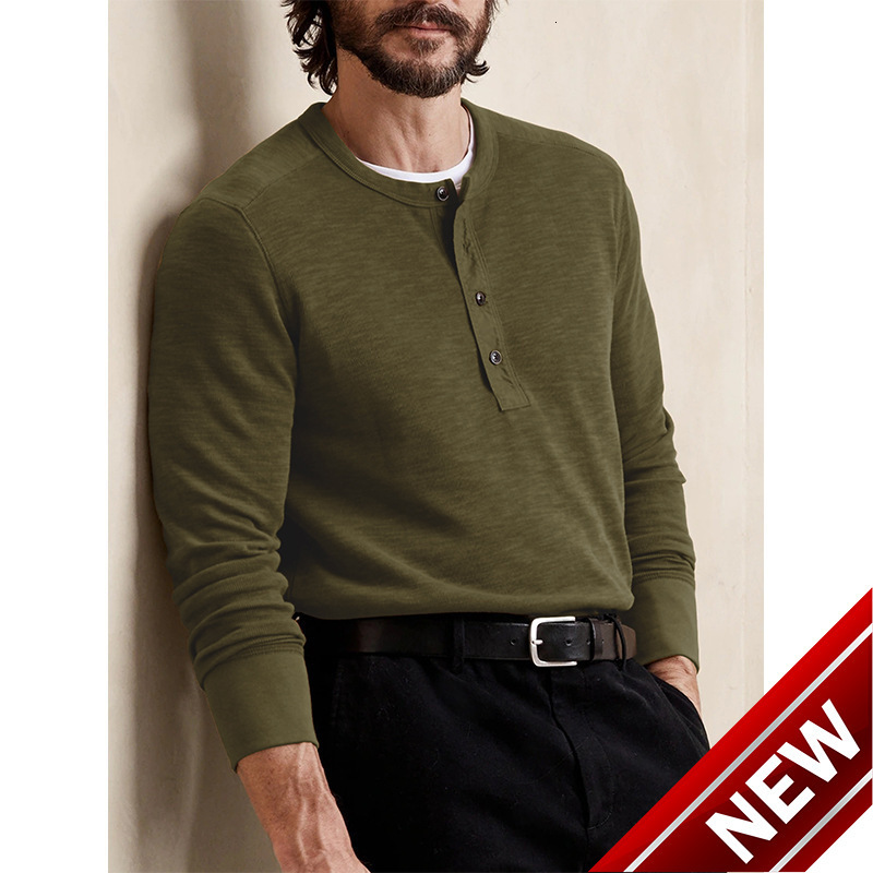 Autumn and winter mens long sleeved round neck T-shirt mens slim fit Henry shirt casual top