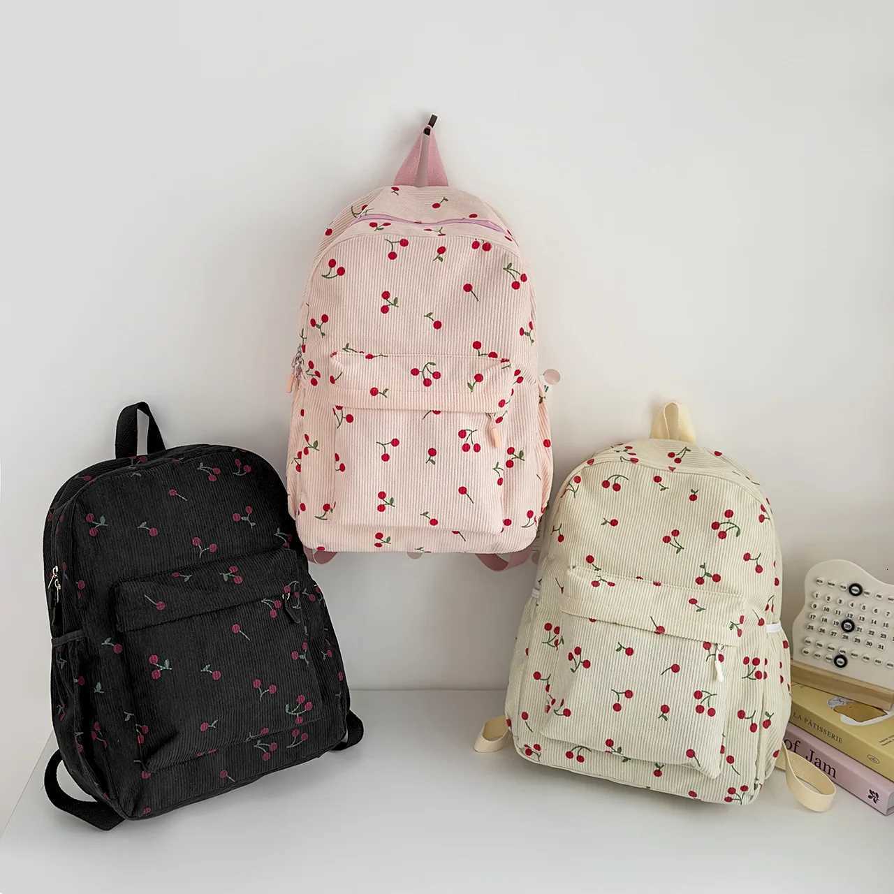Women Cherry cute Schoolbag girls students backpack large-capacity corduroy backpackW251113
