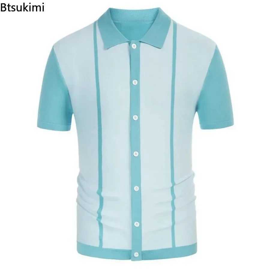 2025 Summer Mens Casual Shirt Knitted Patchwork Striped Polo Shirt Mens Flip Collar Button Slimming Top Ice Silk T-shirt W250414