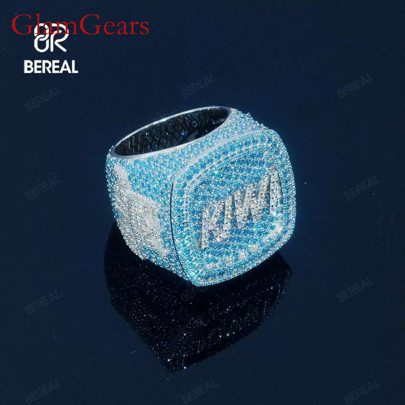 Custom Letter Vvs Iced Out Blue Moissanite Hip Hop Ring Pass Dia Test Sier Gold Plated Fine Jewelry Rings Men