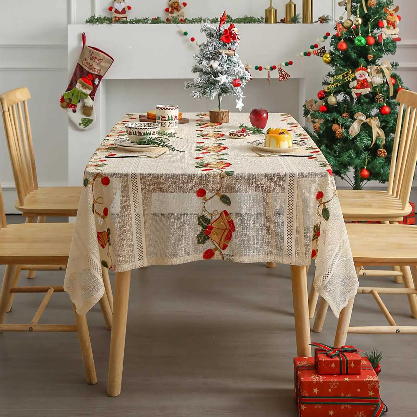Christmas Christmas Lace Embroidered Tablecloth with Santa Claus Bell Design Fashion Festive Dining Table Cover for Holiday Home Decor Y251113