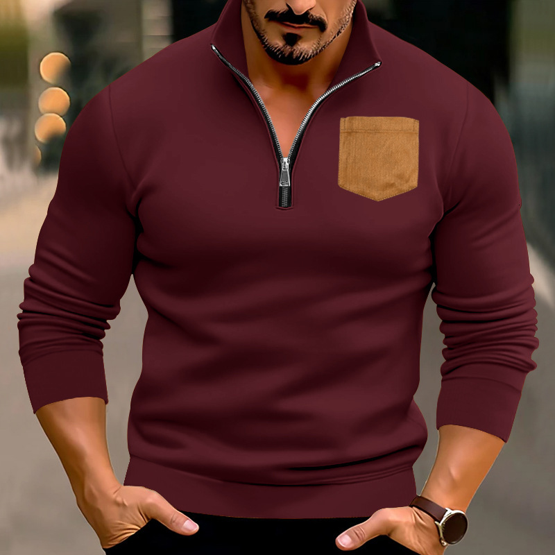 2025 autumn winter new casual men's half zip hoodie with stand up collar, patch pocket and velvet pullover top