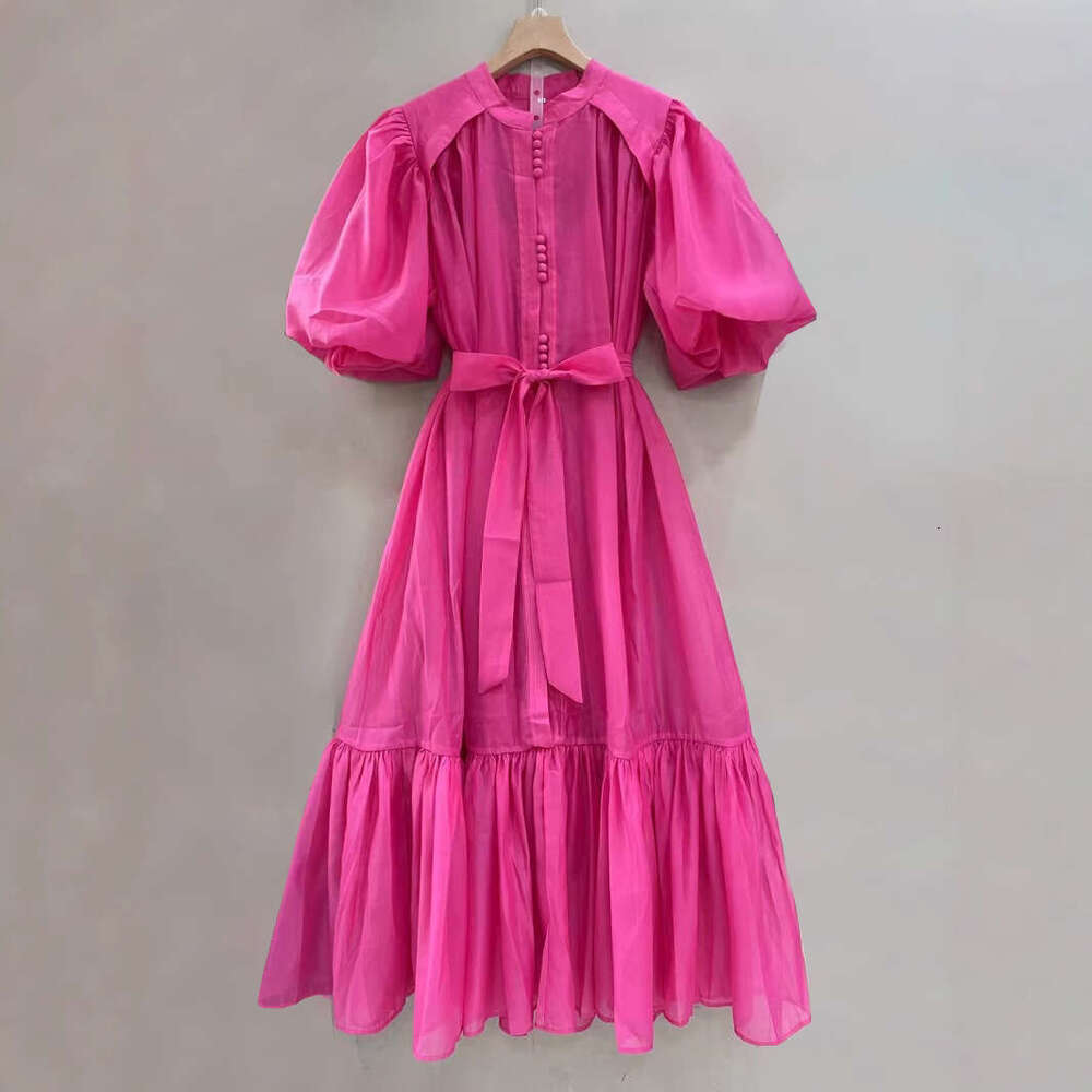 Designer Elegant High-End Ruffled Edge Spring/Summer Long Dress With Bubble Sleeves - Solid Colors Available