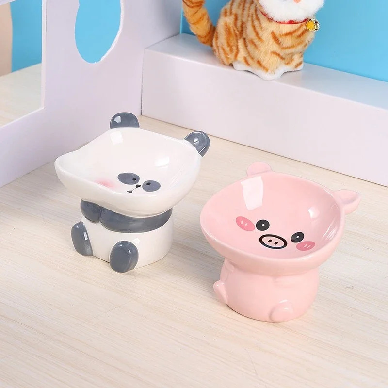 Cartoon cute pet bowl ceramic high neck protection black chin multifunctional water and food container cat and dog bowl 250414