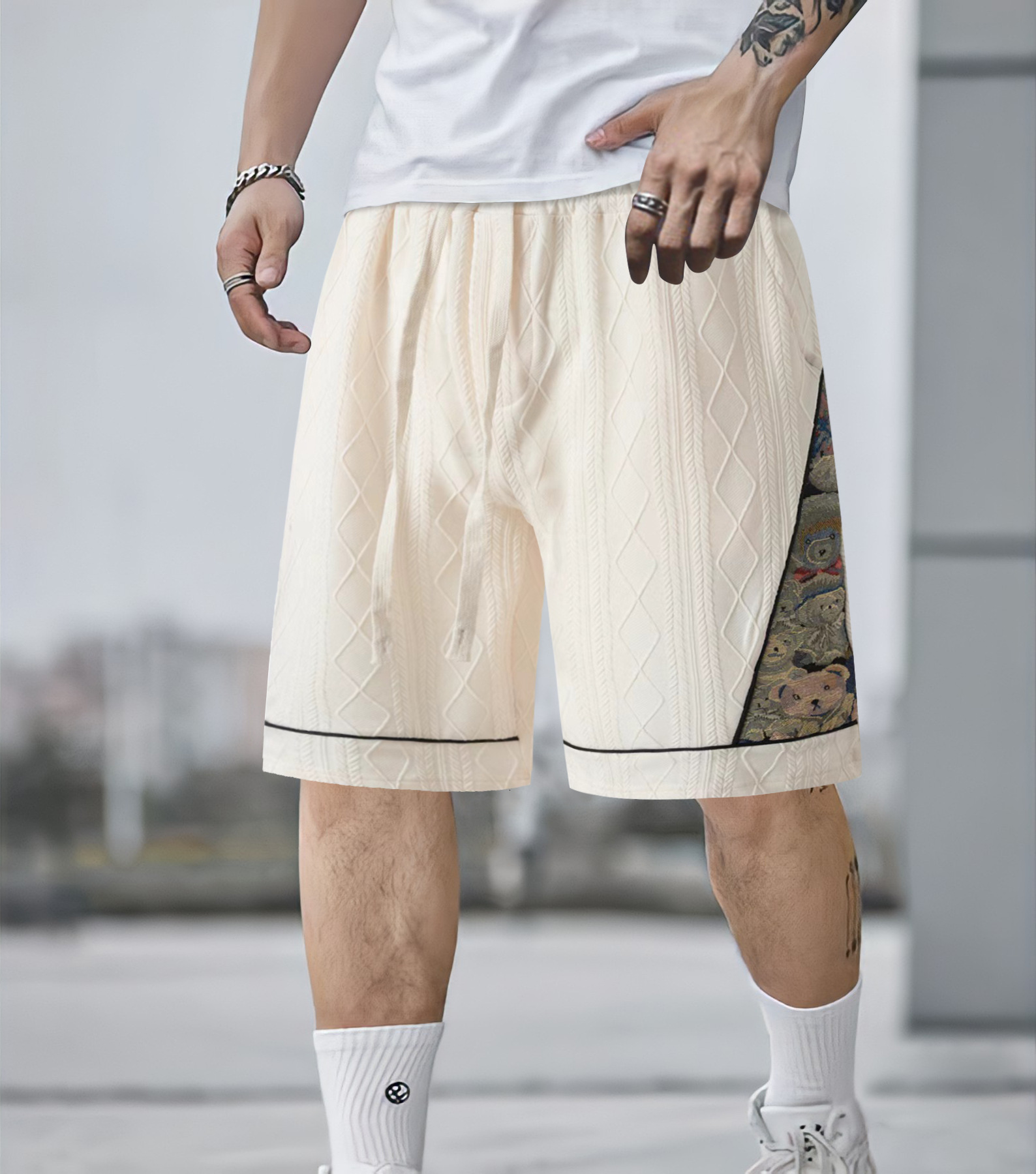 2025 Summer New Casual Jacquard Color blocked Men's Pentagram Shorts