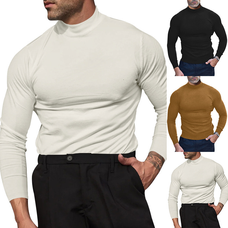 Men's autumn and winter German velvet solid color long sleeved T-shirt base shirt close fitting semi high neck men's style