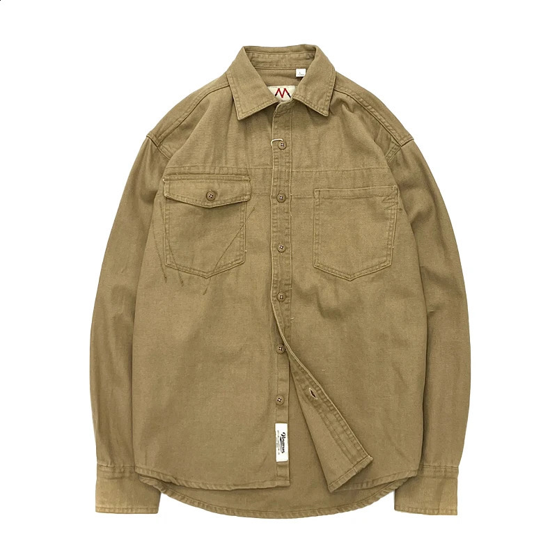 Mens Spring Vintage Laundry Long Sleeve Shirt Mens Khaki Cargo Pocket Loose Shirt Coat 250411