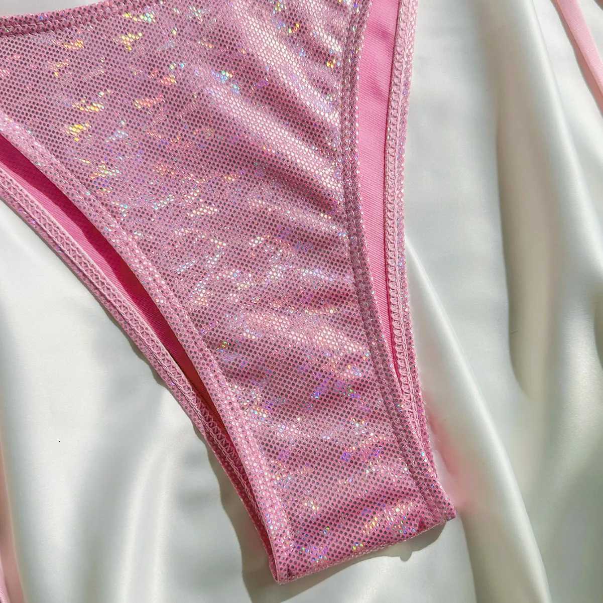 Shiny Pink Micro Bikini Set 2025 Mujer Women Sexy Push Up Thong Swimsuit Summer Bathing Suit Bandage Holiday Swimwear WomenW251113