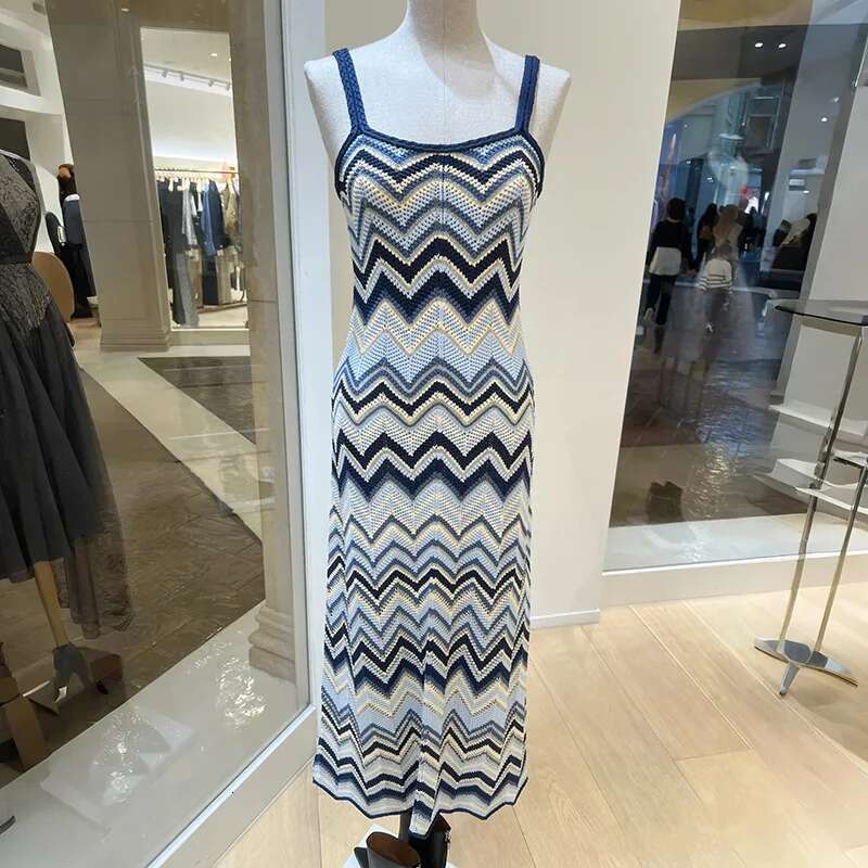 Designer womens dresses maxi dress 2025 New Sleeveless Top+Pants+Strap Contrast Color Geometric Folding Pattern Knitted Sleeveless Set