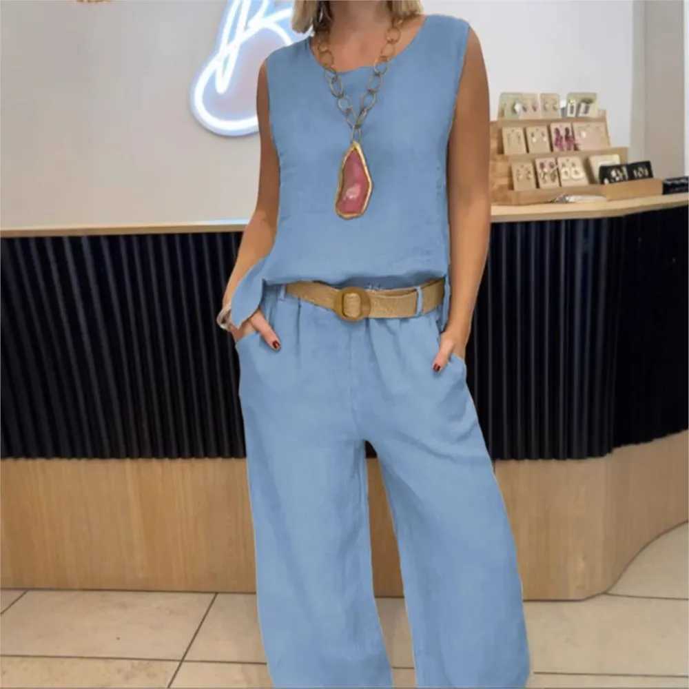 Fashion cotton linen velvet free O-neck womens T-shirt and pants 2-piece set Ele retro casual loose long leg pants Fe setXJ250414