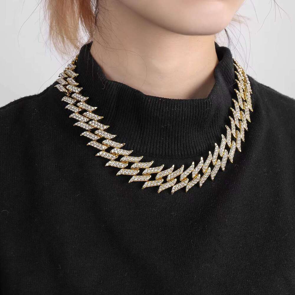 DHCollections Iced Out Cuban Link Chain Necklace for Men Women Spike Design Bling Rhinestone Hip Hop Choker Gold & Silver Plated Statement Jewellery