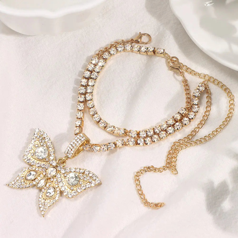 Ice crystal rhinestone butterfly pendant ankle chain womens multi-layer large rhinestone tennis chain ankle jewelry 250408