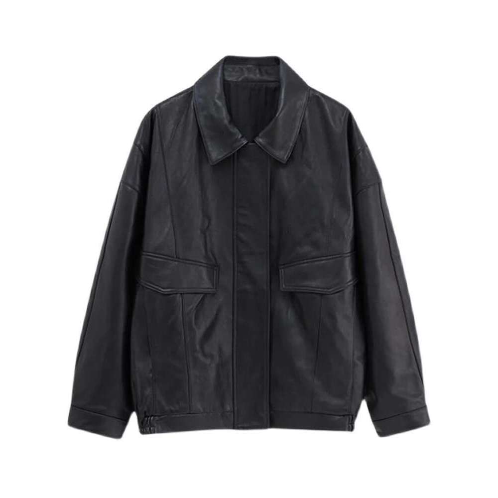 Designer Clothes Lautaro Spring Autumn Cool Retro Casual Oversized Black Waterproof Soft Faux Leather Jackets For Women Zipper Elastic Waist 2022