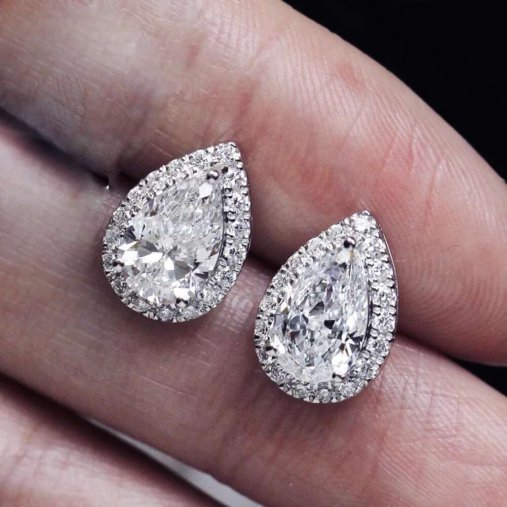 2cttw Pear Cut Moissanite Halo Diamond Earrings with Certificate 925 Sterling Silver Waterdrop Shape Stud Earrings for Women