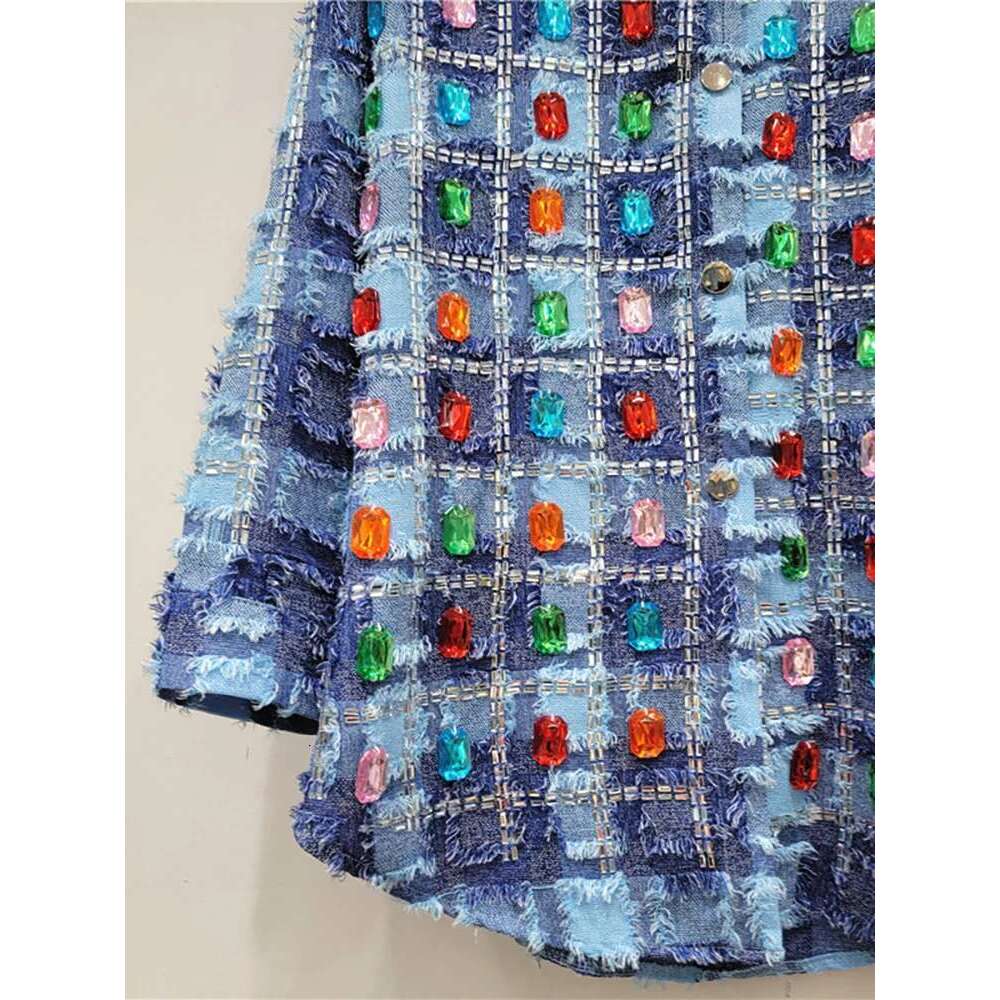 DEAT Women's Denim Shirt Loose Patchwork Plaid Burrs Edge Colored Dia Single Breasted Blouse 2024 Summer New Fashion 29L6604