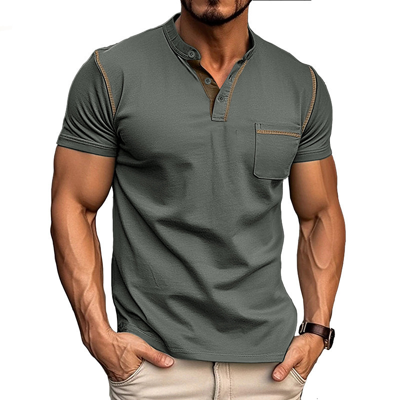 Mens round neck patch pocket cotton blend outdoor short sleeved Henry shirt American mens shirt top