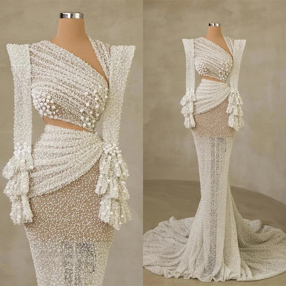 Glitter Beaded Lace Mermaid Wedding Dresses Sexy Long Sleeve Bridal Gown Sequined Pearls Customized Robe De Mariee