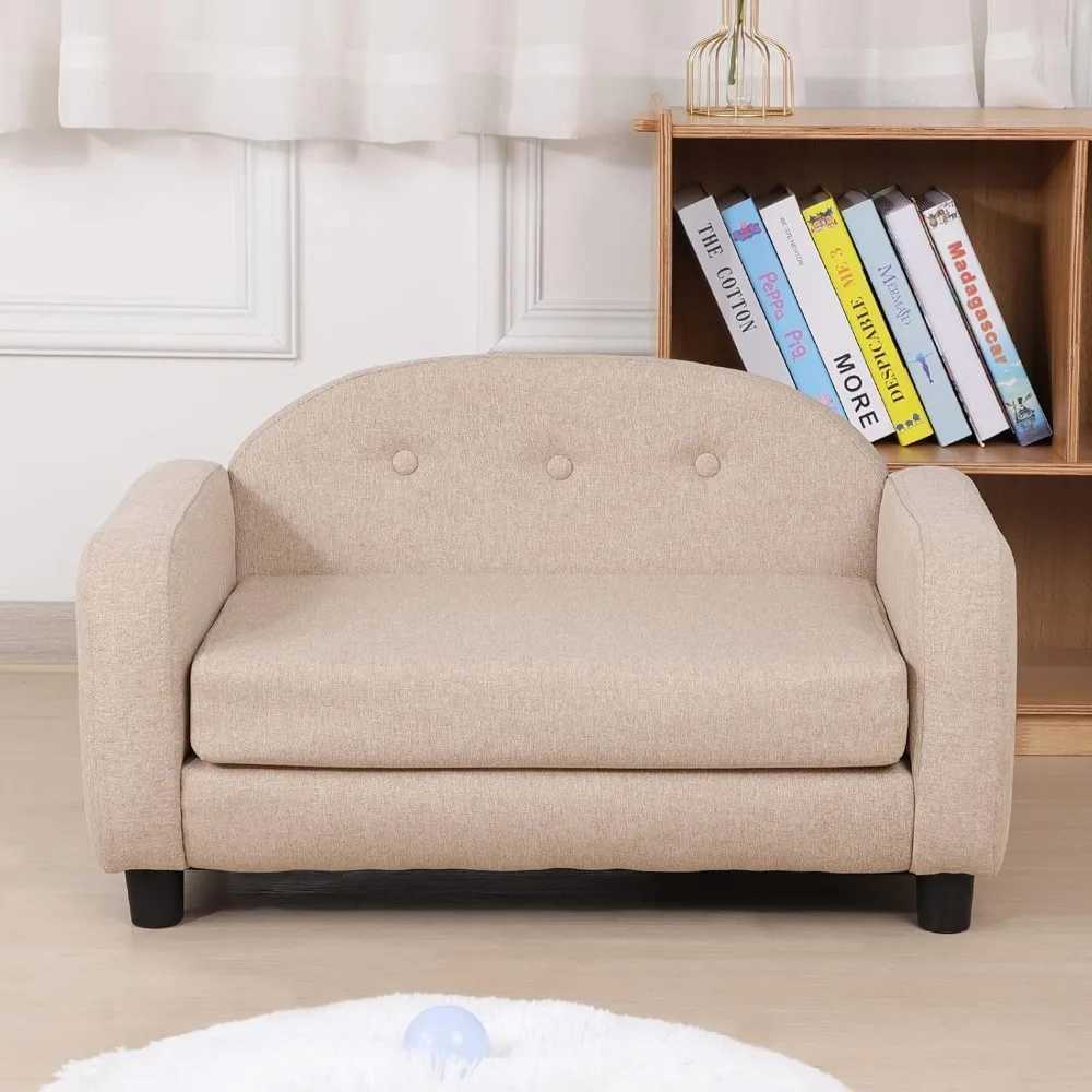 Dog sofa and chair for small pets/cat sofa bed with wooden frame/linen fabric dog bed/cat sofa chair with cushion/dog X250412