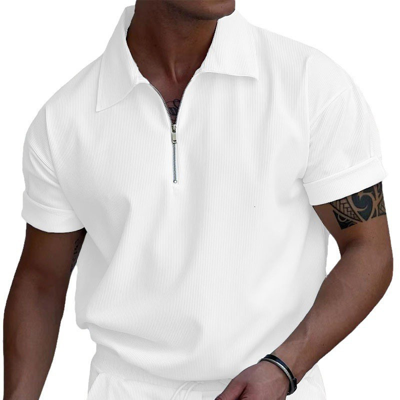2025 Summer New Corduroy Zipper Polo Shirt Short sleeved T-shirt Men's