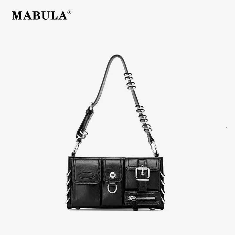 MABULA Multi-Pocket Underarm Tote Handbag Solid Black Y2k Cool Girl Metal Ring Phone Purse Women's Fashion Vintage Shoulder Bag