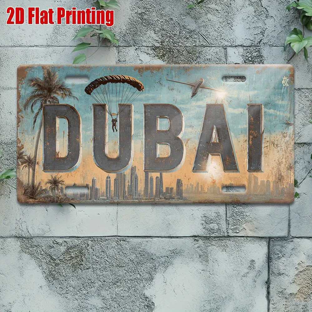 Printing Vintage Metal License Plate Outdoor Wall Art DUBAI Aluminum Sign with City Skyline and Paragliding Scene GreaM251114