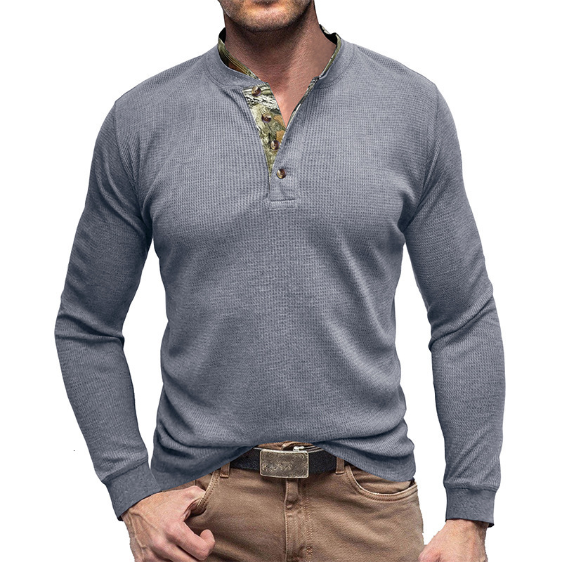 Mens long sleeved outdoor bottoming shirt Mens Henry T-shirt Waffle round neck top