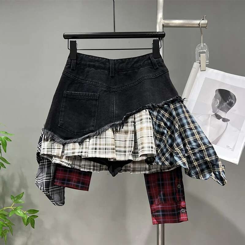 DEAT Vintage Irregular Patchwork Plaid Skirts Denim Short For Women High Waist Wrapped Hip Mini Skirt 2024 Summer Female 16U9004