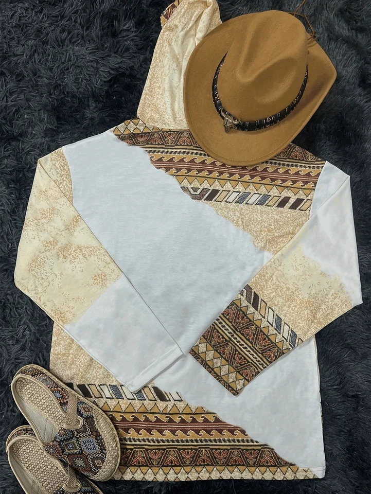 Womens casual and fashionable round neck pull up sweatshirt Western retro printed hooded 250414Z