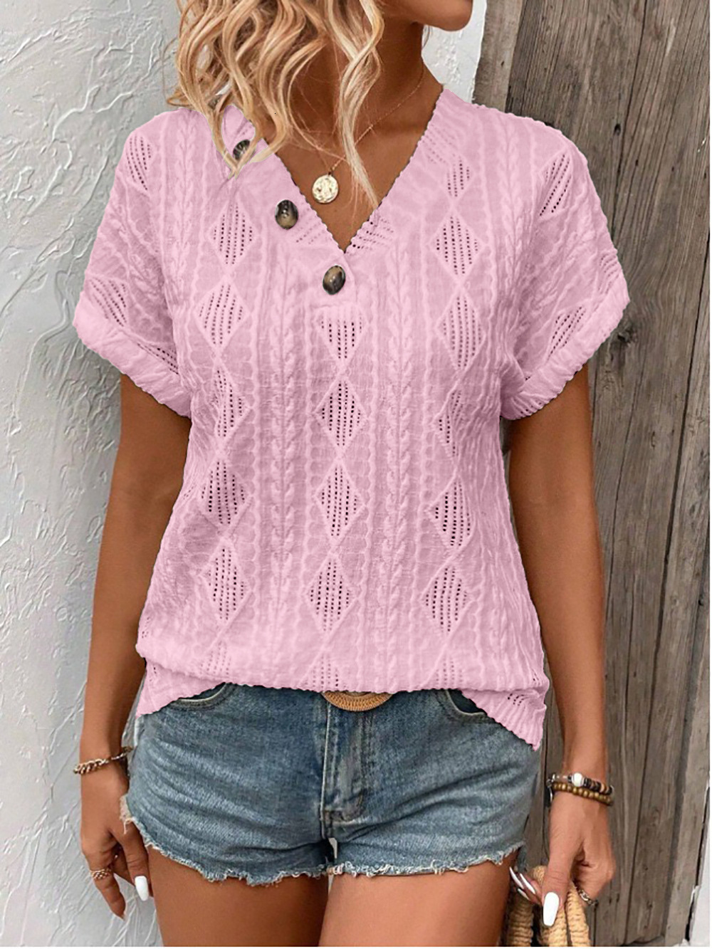 2025 New Women's Spring/Summer Collection V-neck Button Hollow Loose Short Sleeve Top T-shirt