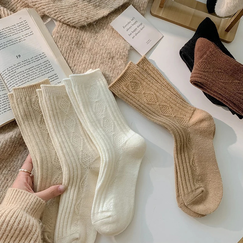 3 PairsLot Cashmere Wool Socks Winter Thicken Warm Black White Pack Set Thermal Japanese Fashion Solid Color 251113