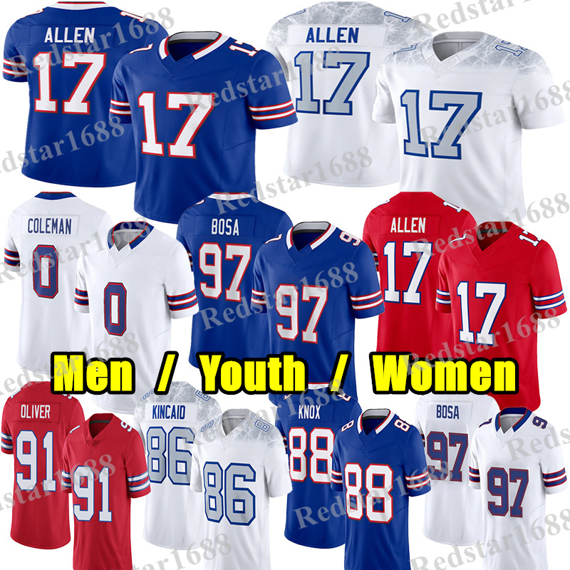 #17 Josh Allen Football Jersey #97 Joey Bosa Keon Coleman Dalton Kincaid Ed Oliver Dawson Knox Greg Rousseau Cook Cole Bishop Khalil Shakir Maxwell Hairston jerseys