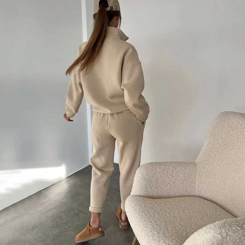 2024 new womens casual sportswear solid color stand up collar Fe hooded sweatshirt sports pants two-piece setXJ250414