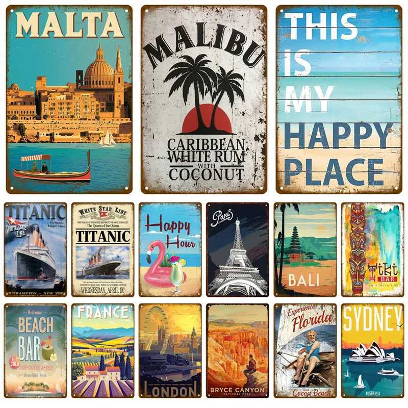 Vintage Summer Beach Metal Signs Famous City Landscape Poster Tin Sign Plate Retro Wall Art Decor For Living Room Home SeasideM251114