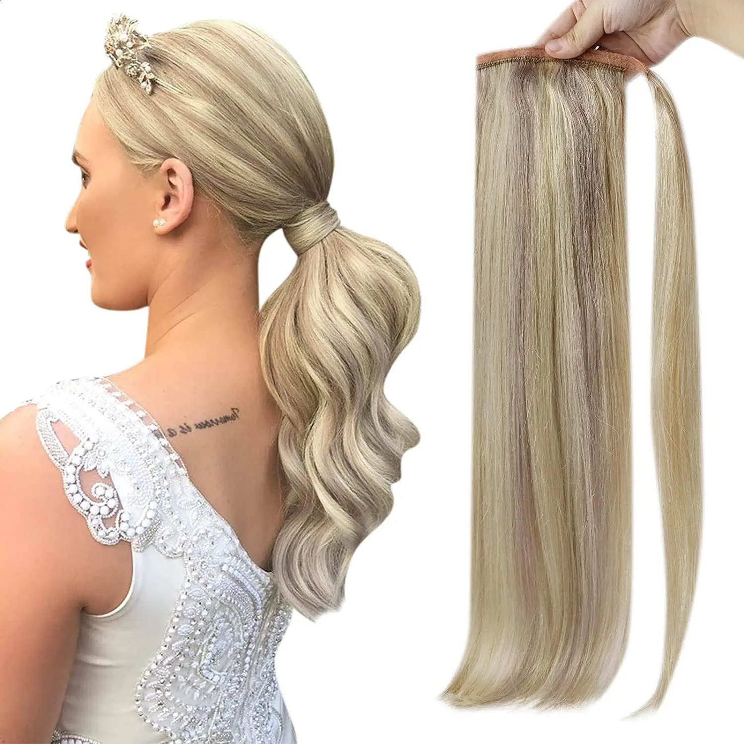 Full gloss ponytail high gloss bleached blonde ponytail human hair clip ponytail hair 250410