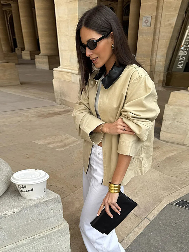 Fashion patch work collar jacket womens casual long sleeved zipper loose womens jacket spring womens clothing 250414