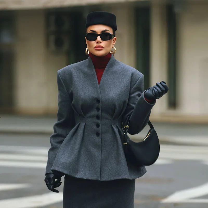 Elegant waist pleated jacket for women Vneck solid long sleeved cinching fashionable commuting British style 250414