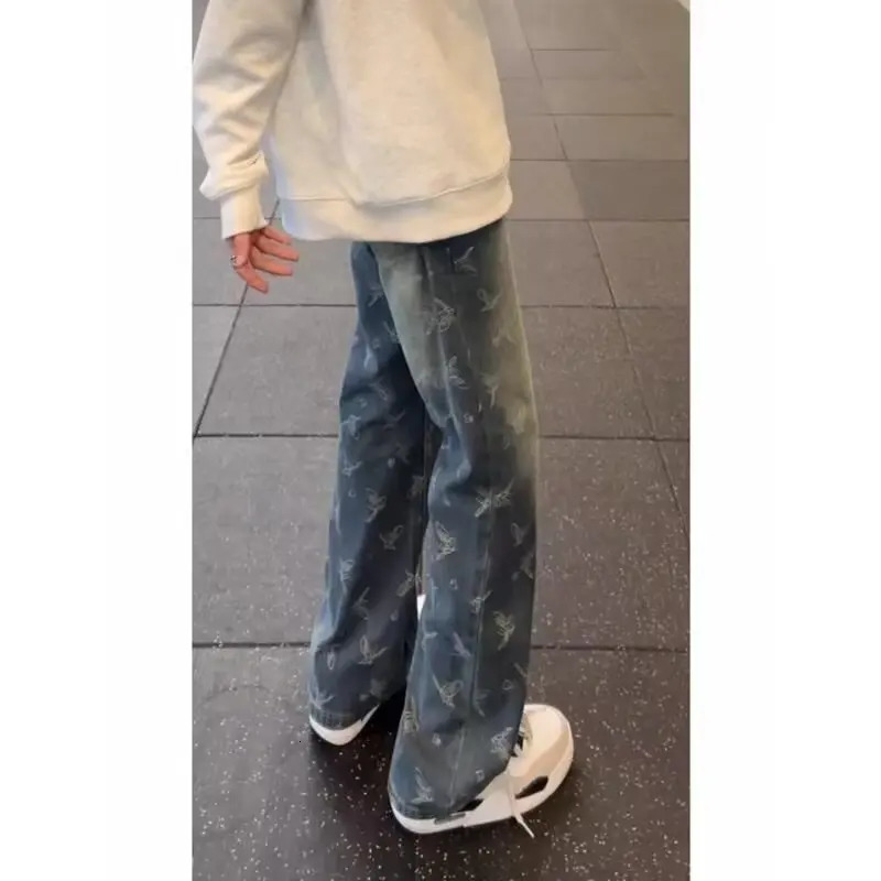 jacquard fully printed street fashion ned denim pants with a tactile feel suitable for mens loose straight and wide leg casual 250414