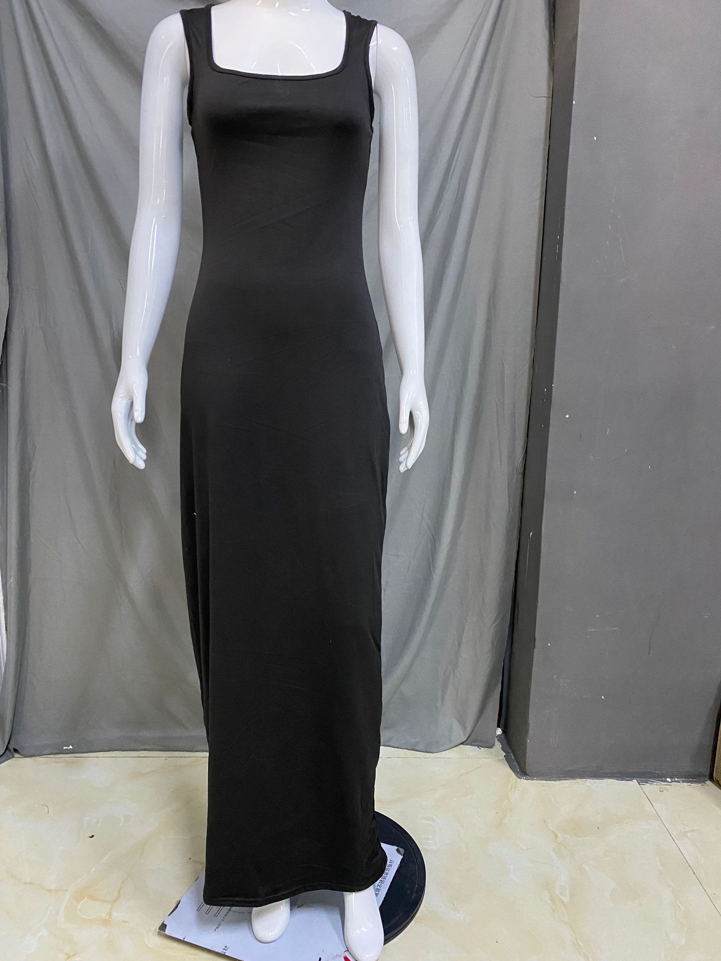 S110 Ladies New Arrivals High-end Temperament Long Dress French Square Neck Slim Fit Solid Color Dress