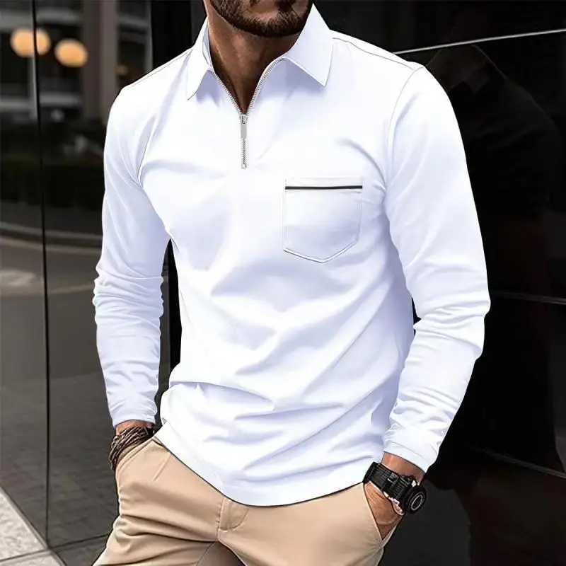 Spring and autumn mens fashionable waffle polo shirt with a vintage long sleeved zipper pocket and a sport top W250414