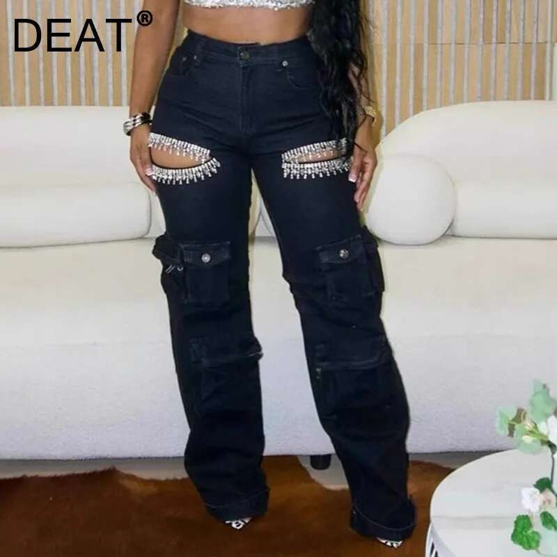 DEAT Fashion Women's Hollowed Out Dia Denim Cargo Pants High Waist Multiple Pockets Elastic Jeans Female 2025 Autumn New