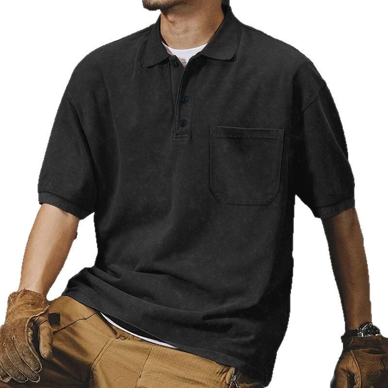 2025 New Collar Button Summer Loose Short sleeved Men's High Street T-shirt