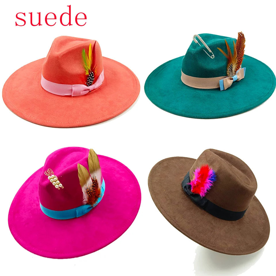 Suede fedora hat heart top 9.5cm brim feather accessories wide brim jazz hat men and women panama hat sombrero mujer gorras 250408