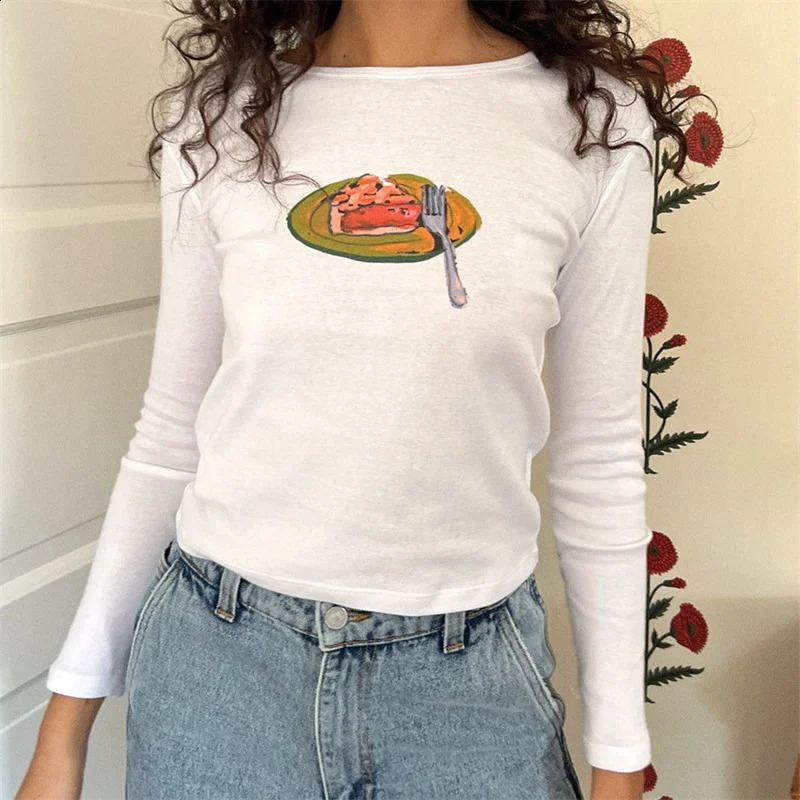 Xingqing y2k crop top 2000s womens graphic cherry/cake print round neck long sleeved T-shirt aesthetic clothing white streetwear 250410