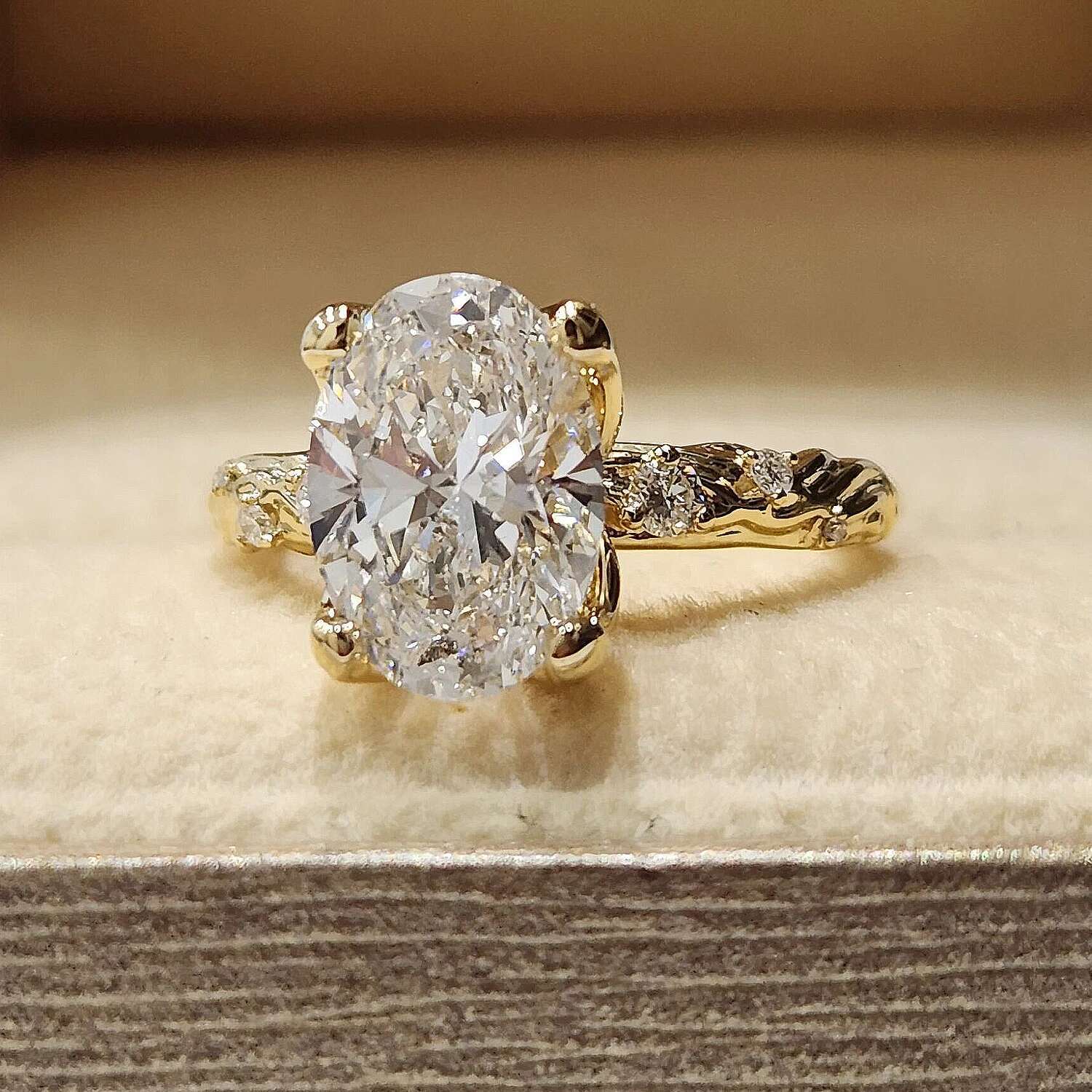 Custom Real Solid 14K Yellow Gold Rings Women Engagement Anniversary Wedding Rings Oval Moissanite Diamond Rings Carving Pattern