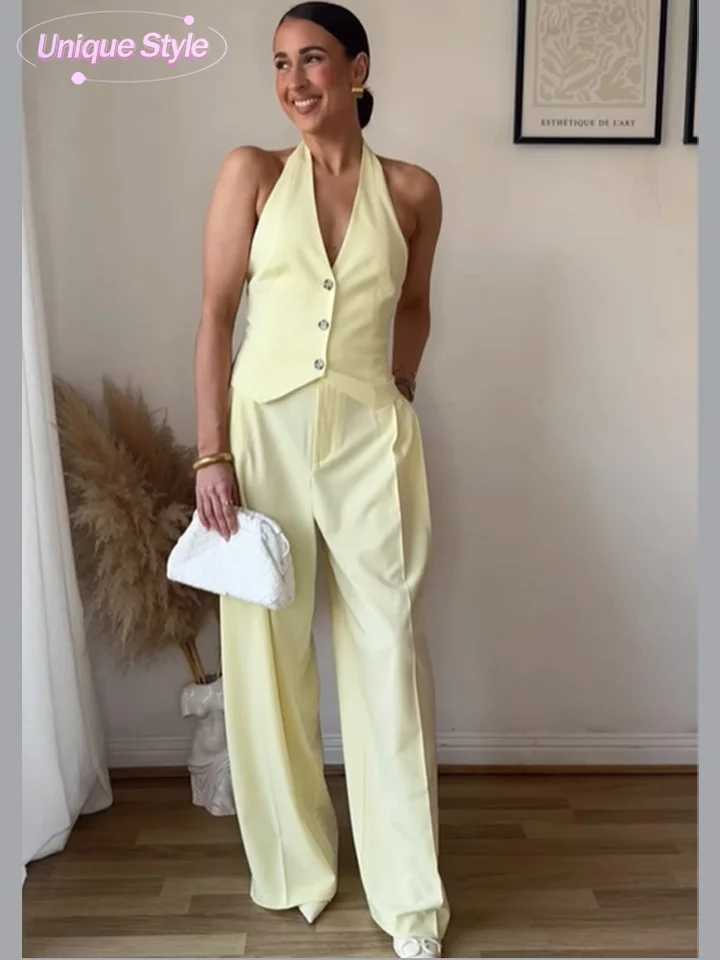 Womens fashionable butter yellow straight pants set sexy off shoulder strapless top set 2025 new summer womens 2-piece setXJ250414