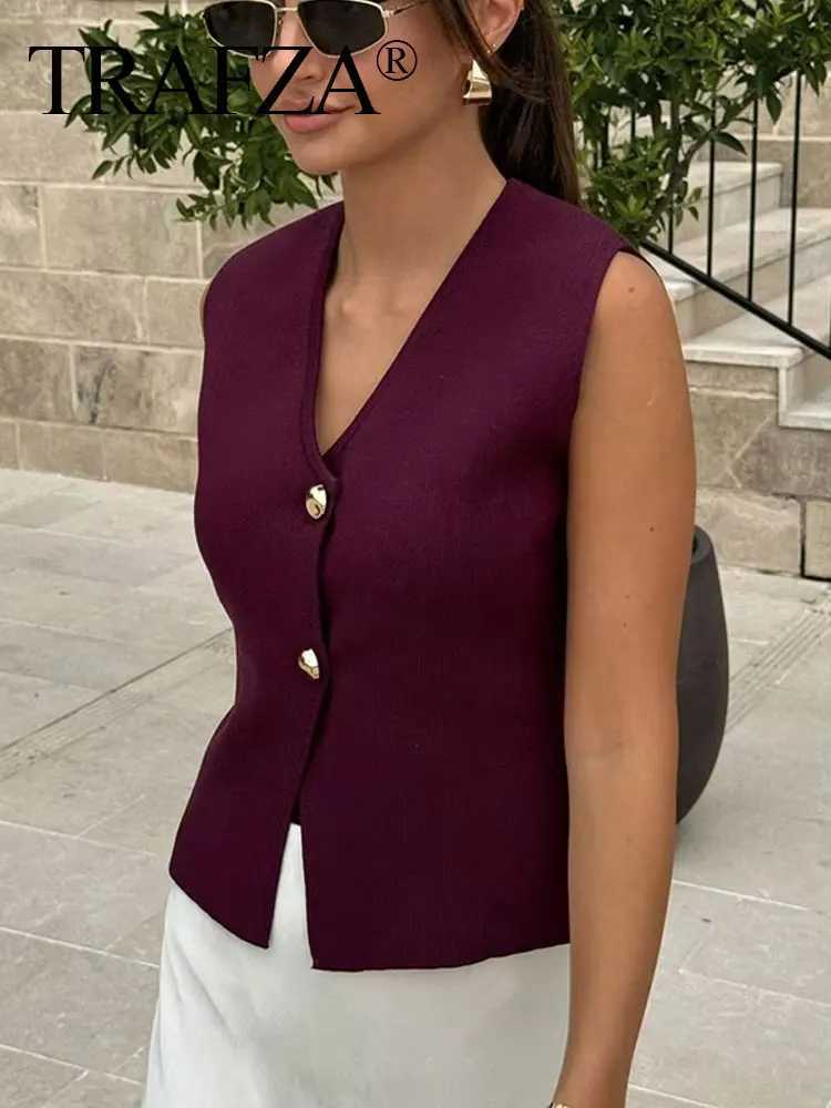 TRZA Womens 2-piece V-neck Non Velvet Button Knitted Tank Top+Ele Splicing High Waist Zipper Long Ski Resort SetXJ250414